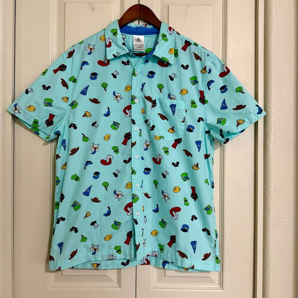 Disney Men’s Button-Up Shirt Medium Blue / Teal Character Hat Print Short Sleeve